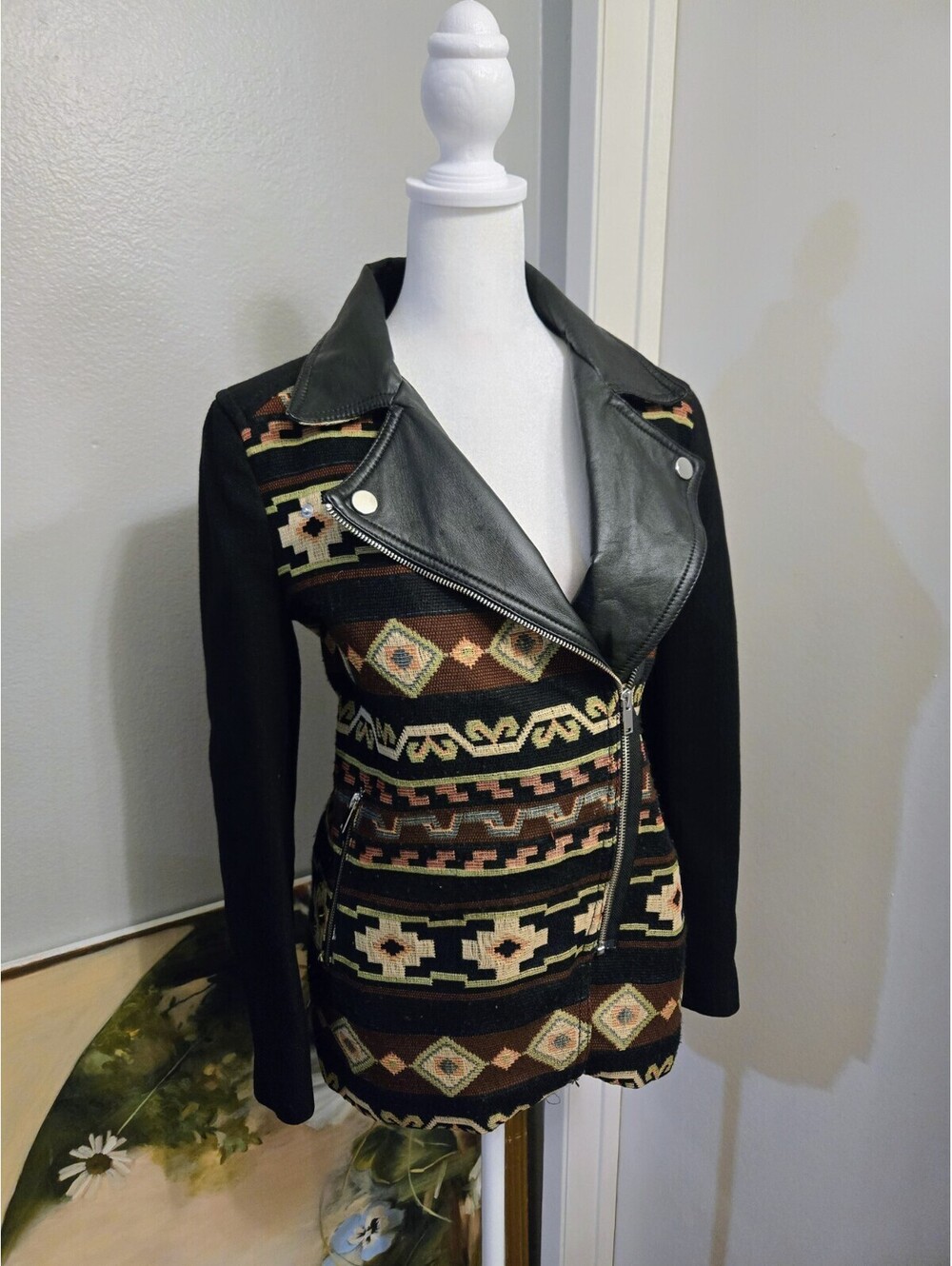 Zara Womens Size Small Knit Aztec Western Tribal Moto Leather Jacket Oversized - Picture 3 of 8